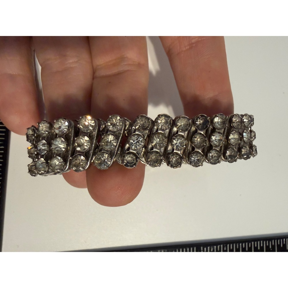 Vintage Clear Rhinestone 3 Row Expansion Stretch Bracelet‎ Silver Tone Glamour